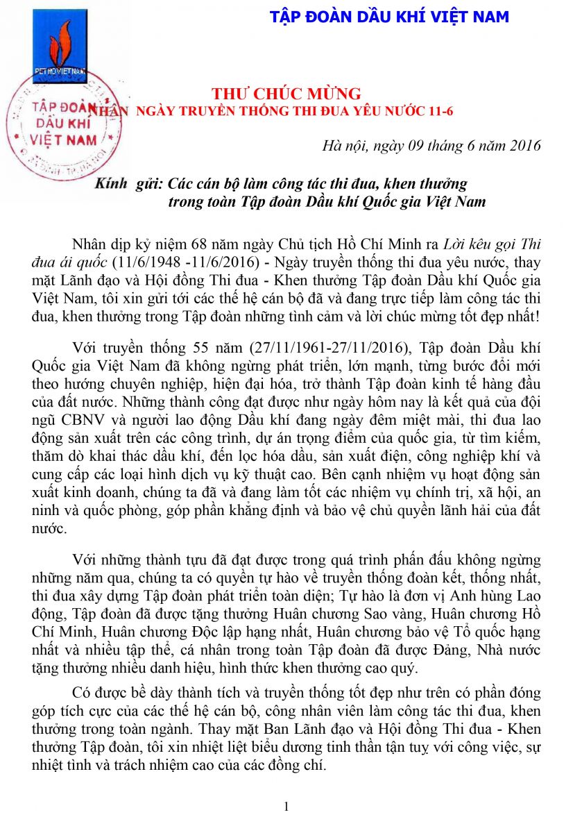 Thư chúc mừng của Tổng Giám đốc Tập đoàn Nguyễn Vũ Trường Sơn nhân dịp Ngày truyền thống thi đua yêu nước